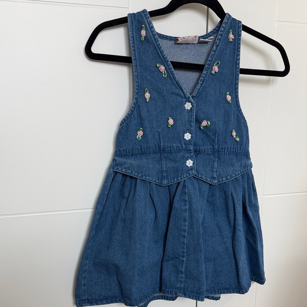 Denim Blue Kids Dress with Floral Embroidery